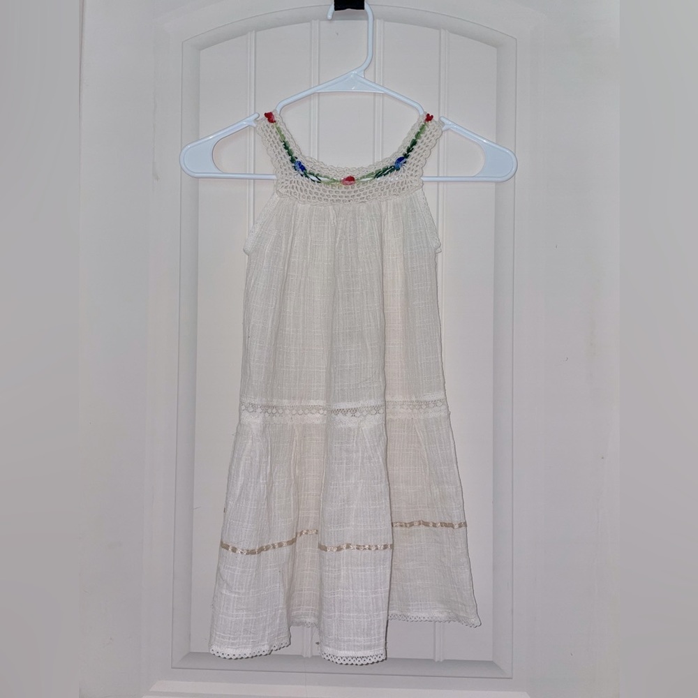 Ecuador made Elapro boho dress, size 6, off-white crochet floral